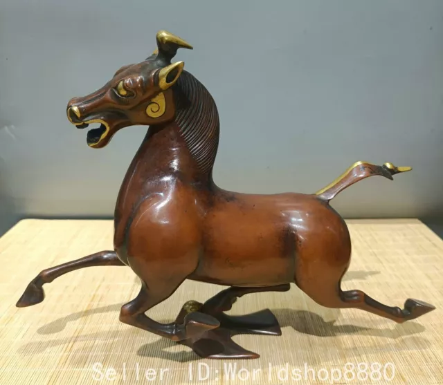 13.6" Old China Purple Bronze Gilt Fengshui 12 Zodiac Year Horse Swallow Statue