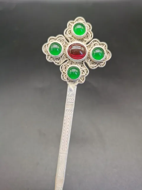 Exquisite Old Chinese tibet silver inlay red green jade handmade hair Hairpin 81
