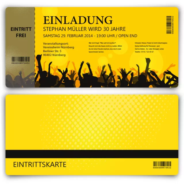 EINLADUNGSKARTEN ZUM GEBURTSTAG als Eintrittskarte Party Ticket Karte