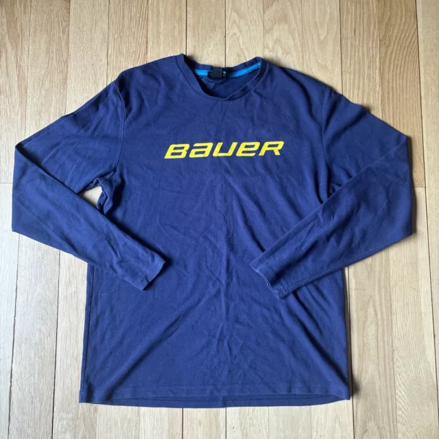 Men’s Bauer Ice Hockey Blue Yellow Long Sleeve Knit T Shirt Size Large