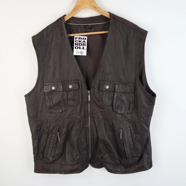 Mens Brown Leather Vintage Gilet Utility Vest Waistcoat Size  XXL (M1887)