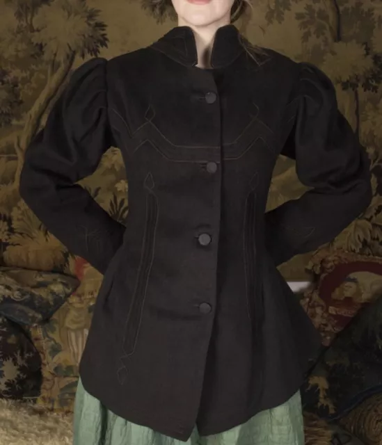 Antique Victorian Black Wool Coat Jacket 1890s Tailored Puff Mutton Sleeves 10
