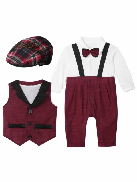 Baby Boys Outfit Gentleman Romper & Vest Coat & Beret Hat Infant  Formal Suit