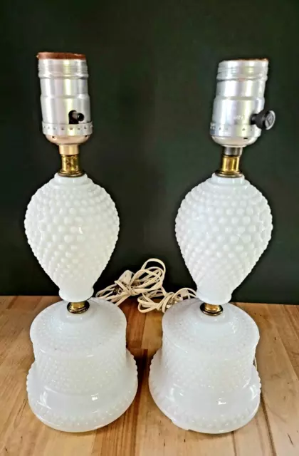 Pair of Vintage Hobnail White Milk Glass Polka Dot Boudoir Table Lamp 1950s MCM