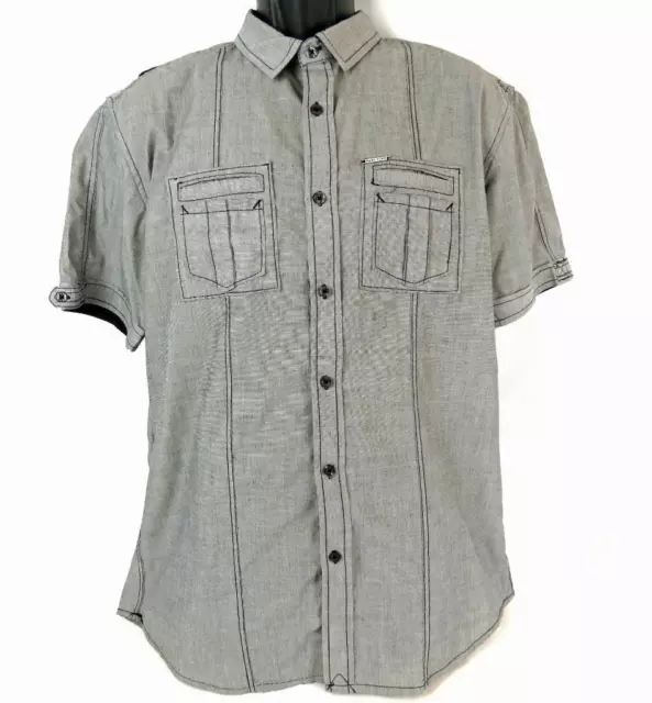 Marc Ecko Cut & Sew Men's Shirt Large Gray Short Sleeve Button Up Pockets