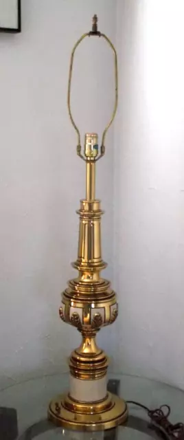 Vintage STIFFEL Hollywood Regency Brass & Enamel Table Lamp with 3-Way Light 39" 2