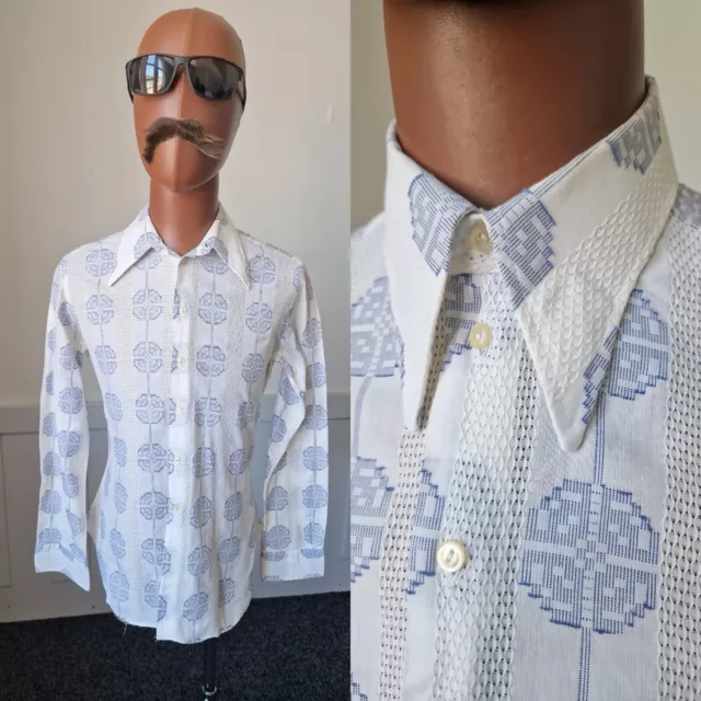 CAMICIA VINTAGE ANNI '70 COLLETTO DI LANCIA! Discoteca magra | motivo testurizzato blu ZE10