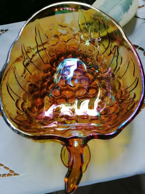 Vintage Carnival Iridescent Amber Glass Bowl, Raspberry Shape Pattern