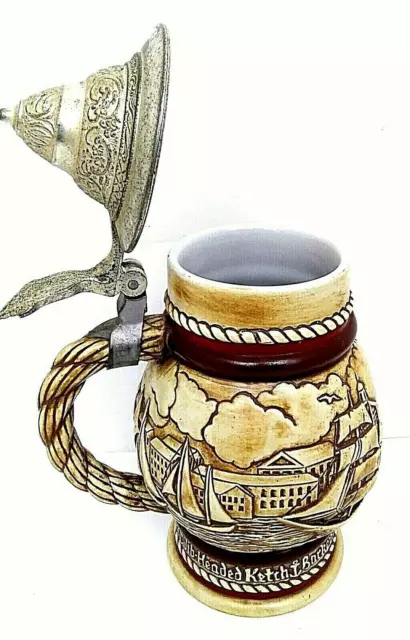 Avon Beer Mug Collectible Vintage 1977 Ship Sail Brown Cream And Red Flip Top