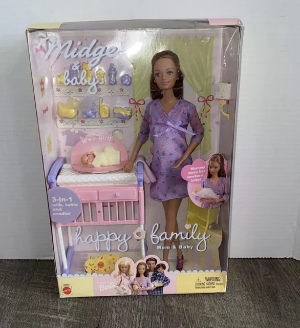 Happy Family Midge Barbie Pregnant Mattel 2002 with Baby without Belly Baby  Bed and Accessories Vintage