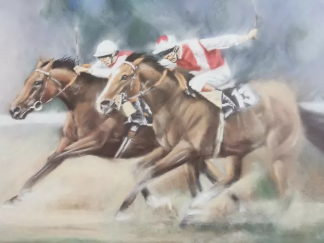 Horse racing print by Brian Halton 1990 "Stable mates fight it out King George.