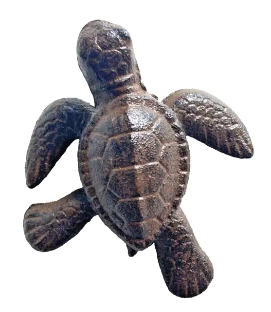 Sea Turtle Figurine 4" Long Textured Cast Iron Rustic Brown