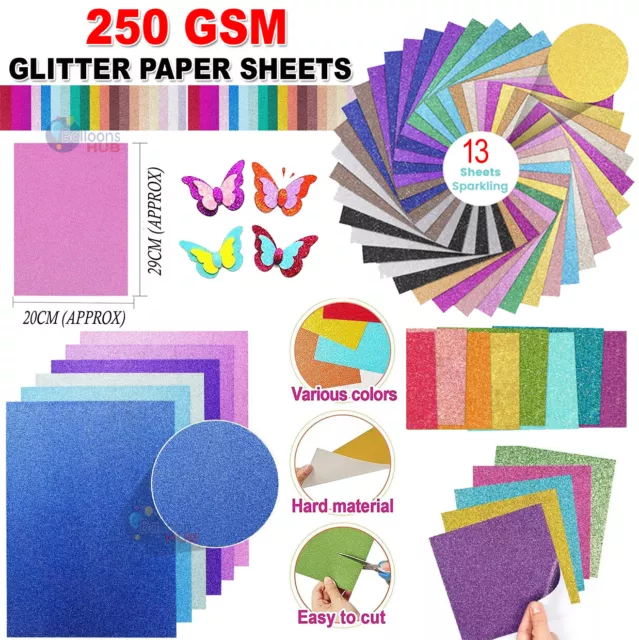 12 x A4 Sheets Multi Pack Sparkly Self Adhesive Glitter Paper 80gsm 6  Designs