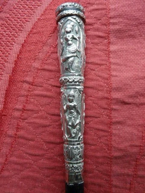 Bracelet Ancien Argent Sterling Siam - Poinçon 925, Décor De Divinités Et Fleurs