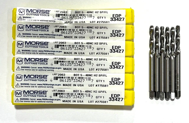 Morse 5-40NC Tap HSS Spiral Flute Bottoming Taps H2 2 Flute 6 Pack USA