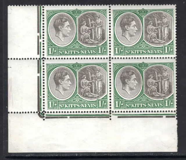 M21114 St Kitts Nevis 1950 SG75c - 1/- perf 14 on chalky paper corner block of 4