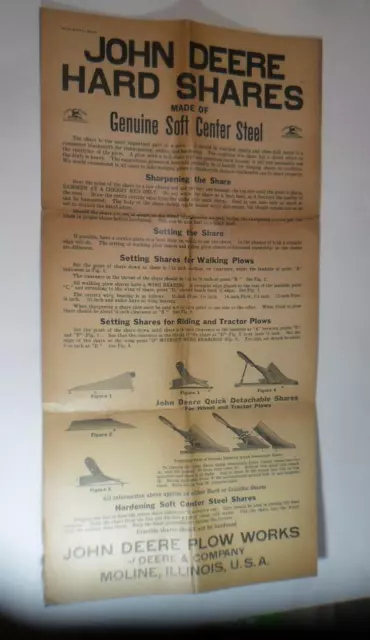 Vintage 1920 John Deere Hard Shares Fold Out Poster 12" X 24" Plow Works