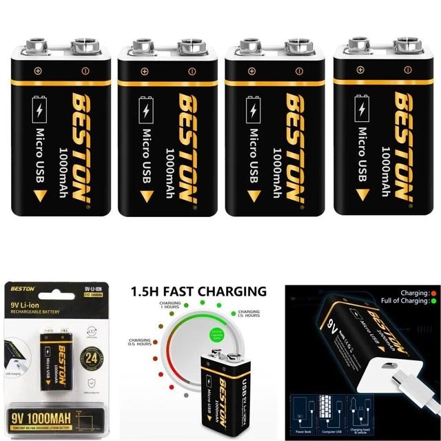 1000MAH 9V LIION Rechargeable Batteries 9Volt USB Charging Battery