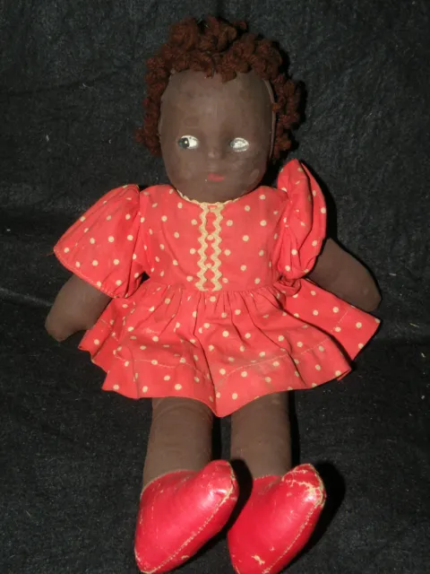 Antique Molded Face Primitive Black African American Rag Cloth Doll Painted Eyes