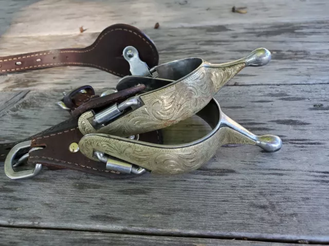 Pair Western Cowboy Spurs  With Leather Straps