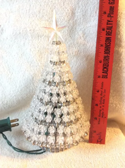 Vintage Silver Safety Pin Christmas Tree Crystal Beads Clear Mid Century