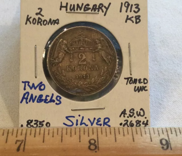 Hungary 1913 KB 2 Korona Silver Coin Toned Very High Grade “Two Angels” See Pics