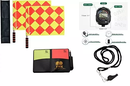Stopwatch Soccer Referee Flag Checkered Linesman Flags Set with Case Metal Pole