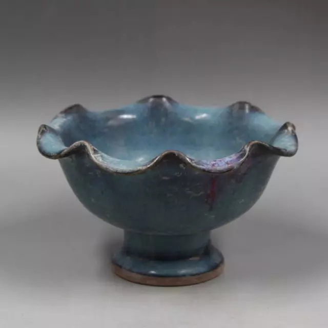 Chinese Song Jun Kiln Porcelain Blue Glaze Purple Spot Flower Shape Bowl 5.2"