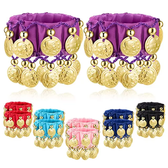 1 Pair Belly Dance Wrist Ankle Cuffs Chiffon Gold Coin Bracelets Accessory Gifts