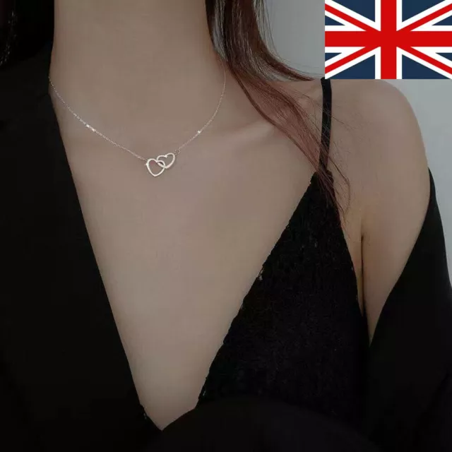 Double Heart Pendant 925 Sterling Silver Chain Necklace Women's Jewellery UK