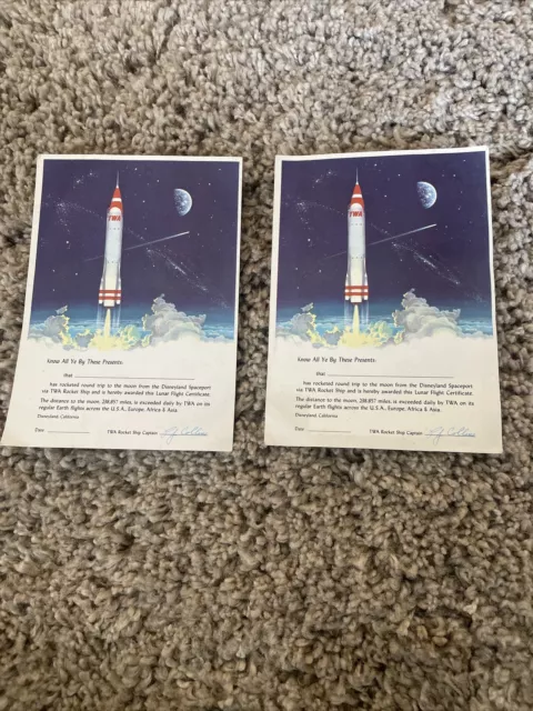 1956 Disneyland Twa Rocket Ship Lunar Flight Certificate Lot Of 2 Excellent Nos