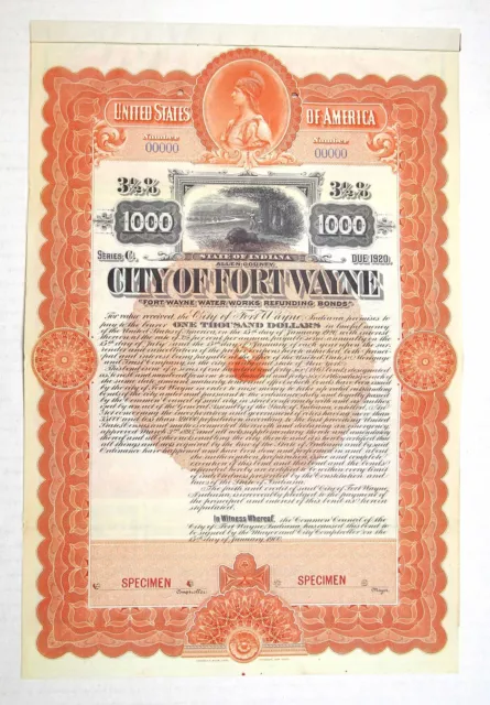 IN. City of Fort Wayne., 1900. $1000 Specimen 3 1/2% Coupon Bond. XF-AU. ABNC