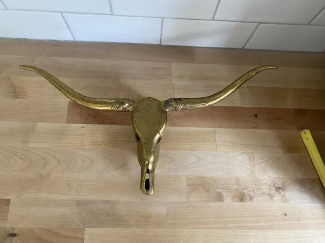 Vintage Mid Century Brass Texas Longhorn Steer Skull Head Wall Hanging Sculpture