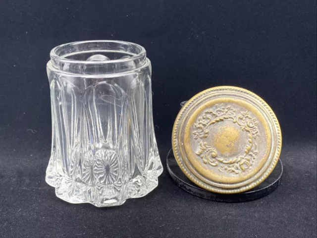 Antique Heavy Glass 5” Cigar Humidor / Dresser Jar With Brass Lid, Art Nouveau
