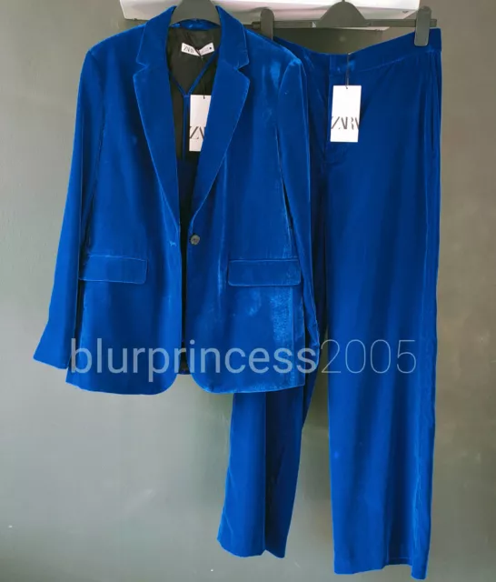 ZARA VELVET SUIT Blazer Wide Leg Trousers Jacket Ink Blue 2 Piece Co Ord S 107.10 PicClick UK