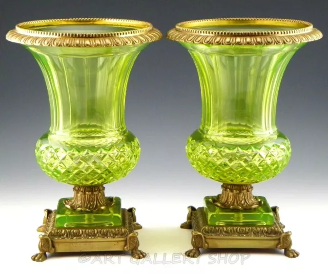 Antique French 12.25" VASELINE CHARTREUSE CRYSTAL & BRASS MEDICI VASES URNS PAIR