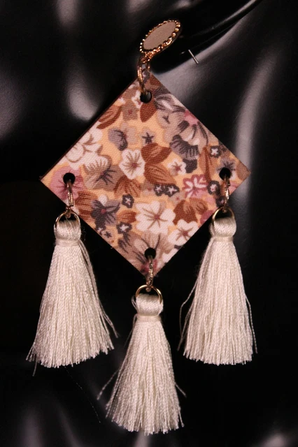 Victorian Floral Print Earrings Square Wood Triple Tassels Choose Black or Beige