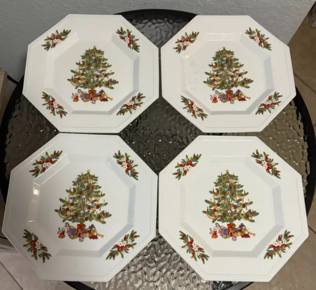 Fairfield Christmas Tree Octagon PEACE ON EARTH 10 1/8" Dinner Plates - Set of 4