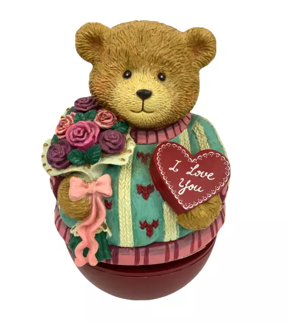 Russ Berrie & Co. Musical Box Valentine Spinning Bear Figurine I Love You Roses