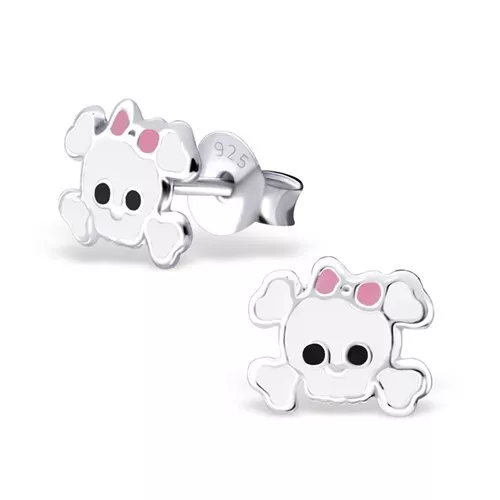 Kinder Ohrringe Ohrstecker 925 Silber Totenkopf Mädchen weiß rosa Halloween bunt