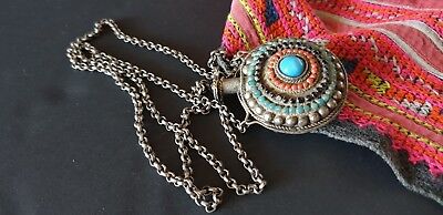 Old Tibetan Incense / Snuff Bottle on Silver Chain with Turquoise and Red Stones