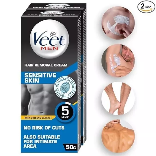 Veet Hair Removal Cream for Men, Sensitive Skin, 50g Each (Pack of 2)