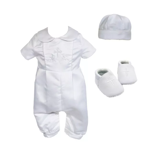 Baby Boys White Satin Christening Suit Romper Set Hat Shoes 0 3 6 9 12 Months