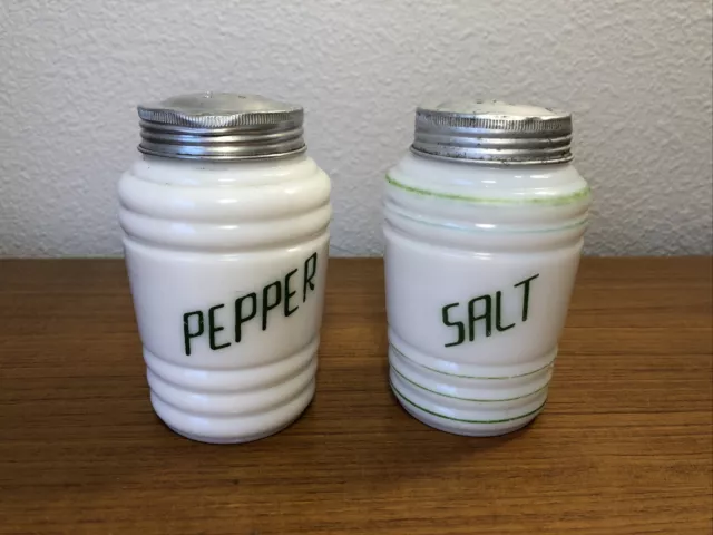 Vintage Hazel Atlas Milk Glass Beehive Salt and Pepper Shakers Green Lettering 