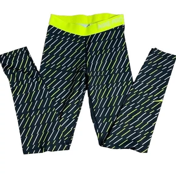 NIKE PRO Dri-Fit Black/Neon Green Sriped Leggings Size Medium