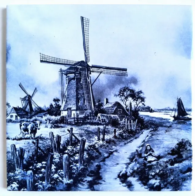 Vintage Dutch Delft Blue Ceramic Tile Two Wind Mills with Home Stream Boat 1984