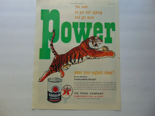 1949 HAVOLINE MOTOR OIL Get TIGER POWER TEXACO  vintage art print ad