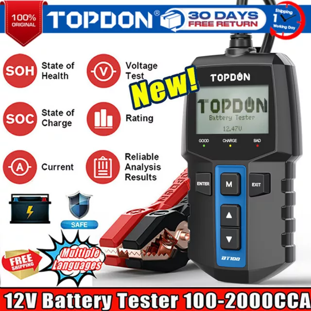 TOPDON BT100 Testeur de batterie pour voiture Test de batterie pour voiture 12V