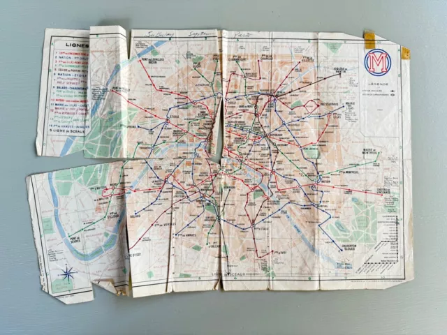 Vintage WWII Era Paris France Subway System Transportation Map