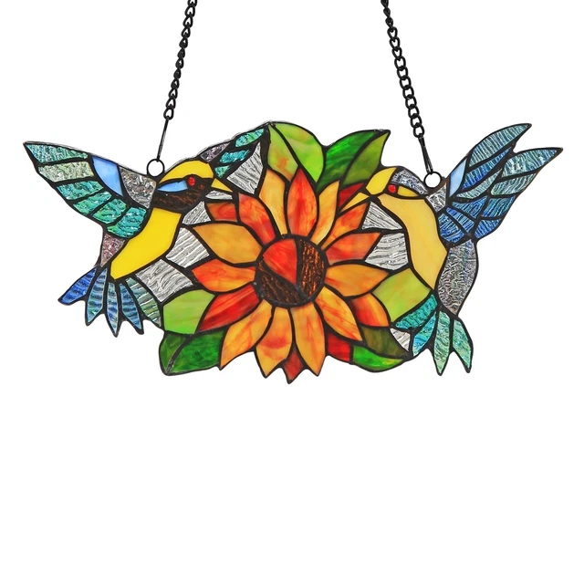 Stained Glass Window Panel 15" L x 7" H Sunflower & Birds Suncatcher